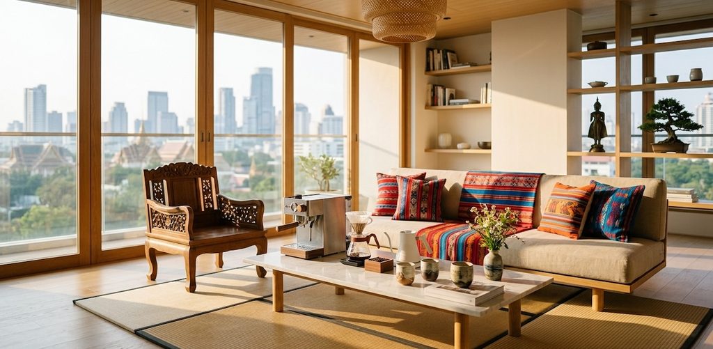 Scandinavian minimalist furniture paired with traditional Thai teakwood craftsmanship, Japanese tatami mats, and vibrant Latin American textiles Scandinavian minimalist furniture paired with traditional Thai teakwood craftsmanship, Japanese tatami mats, and vibrant Latin American textiles
