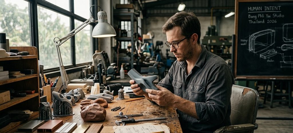 The designer is thoughtfully inspecting a prototype in hand The designer is thoughtfully inspecting a prototype in hand