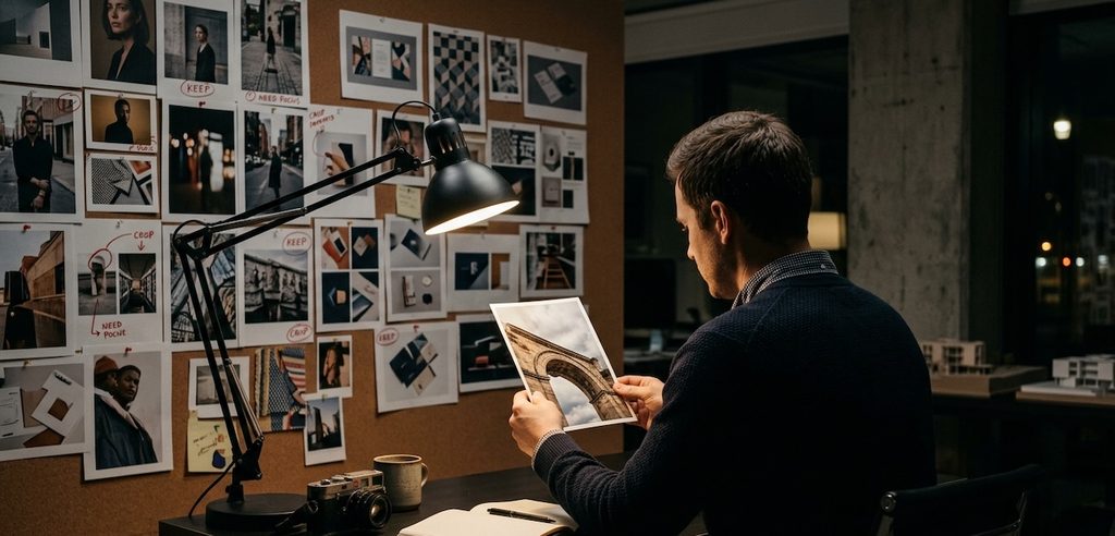 The director is holding a printed photograph, examining it closely under a task lamp The director is holding a printed photograph, examining it closely under a task lamp