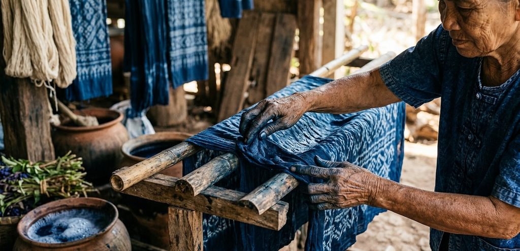 The hands, stained blue and wrinkled, are gently shaping wet, newly dyed fabric over a wooden rack