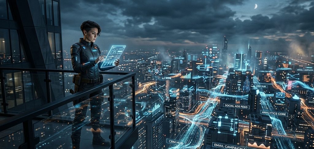 The human holds a glowing tablet, adjusting high-level parameters while the intelligent city automatically rearranges its digital architecture The human holds a glowing tablet, adjusting high-level parameters while the intelligent city automatically rearranges its digital architecture