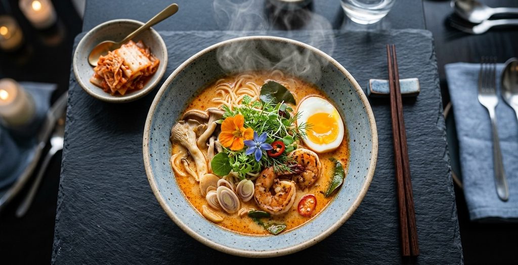 a bowl of Thai Tom Yum ramen served in Scandinavian ceramicware a bowl of Thai Tom Yum ramen served in Scandinavian ceramicware