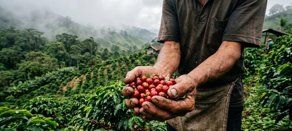 a coffee farmer’s hands cradling freshly picked, bright red coffee cherries in a lush, misty high-altitude plantation a coffee farmer’s hands cradling freshly picked, bright red coffee cherries in a lush, misty high-altitude plantation