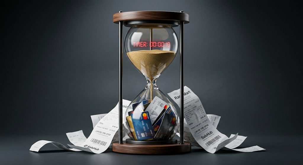 a conceptual glass hourglass where the sand in the top chamber never runs out, but the bottom chamber is overflowing with credit cards and paper receipts