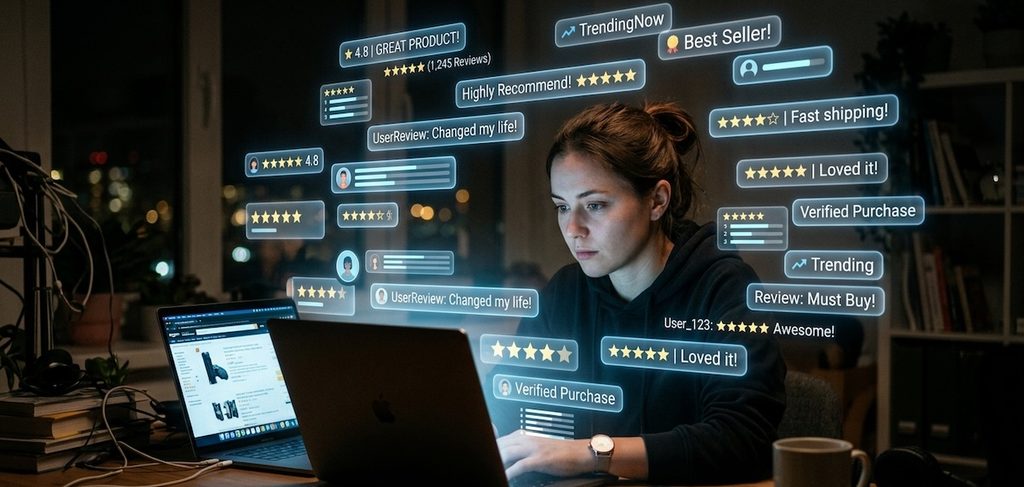 a consumer sitting at a desk at night, reading a lot of reviews from laptop a consumer sitting at a desk at night, reading a lot of reviews from laptop