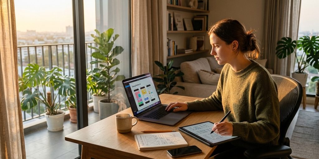 a designer working attentively at a minimalist wooden desk in a sunlit modern apartment during early morning