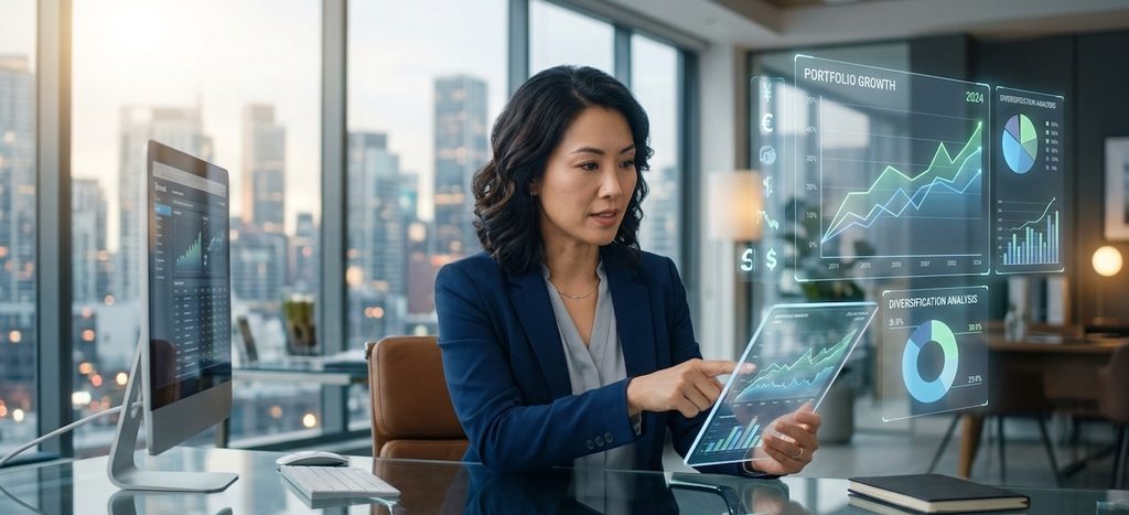 a financial advisor, sitting at a glass desk in a bright office, explaining data on a tablet