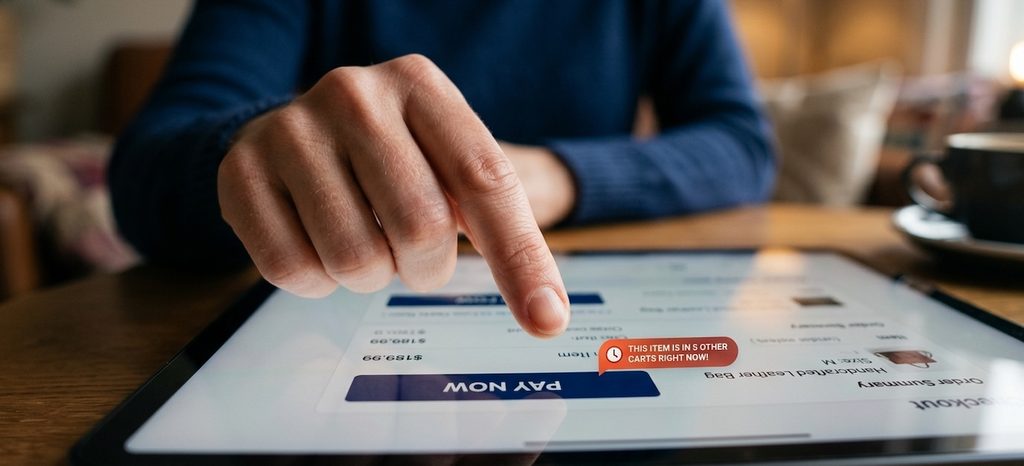 a finger poised to tap a digital Pay Now button on a tablet screen