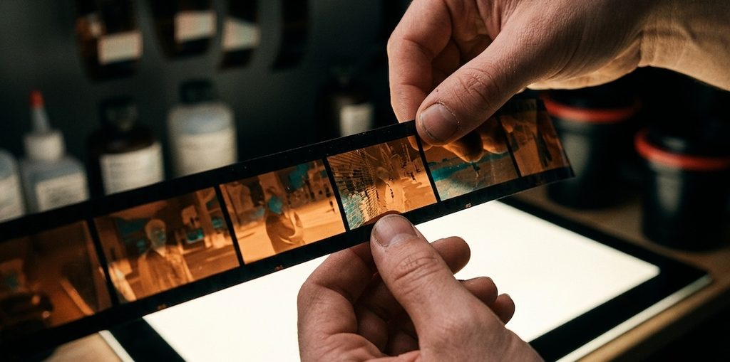 a freshly developed strip of 35mm color film negatives against a bright lightbox inside a darkroom or creative studio