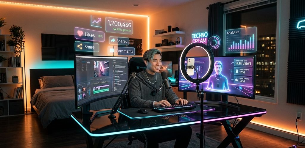 a futuristic digital influencer sitting at a desk, surrounded by glowing monitors,