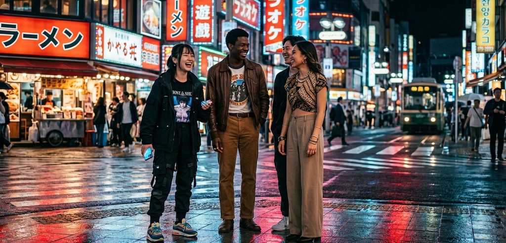 a group of diverse friends laughing together at a night street corner a group of diverse friends laughing together at a night street corner