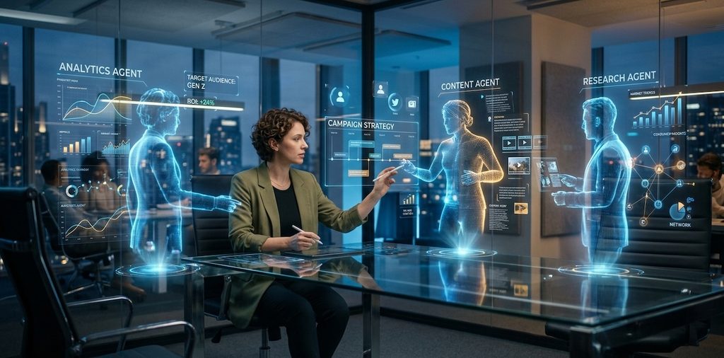 a human marketing strategist in smart-casual attire sitting at a sleek glass table, collaborating with dynamic, semi-transparent holographic figures representing AI Agents a human marketing strategist in smart-casual attire sitting at a sleek glass table, collaborating with dynamic, semi-transparent holographic figures representing AI Agents