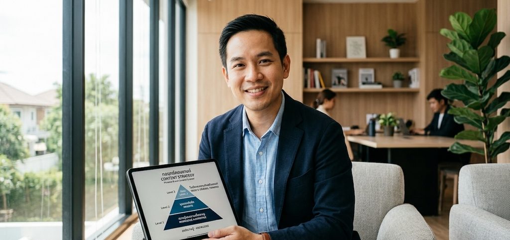 a man sitting in office showing pyramid of content strategy a man sitting in office showing pyramid of content strategy