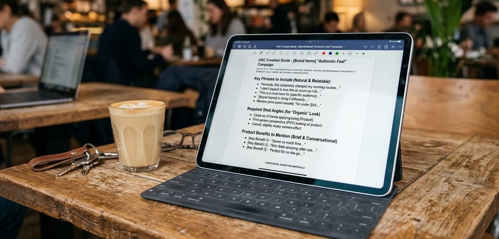 a marketing brief is open, with a section clearly titled UGC Creation Guide and bullet points a marketing brief is open, with a section clearly titled UGC Creation Guide and bullet points