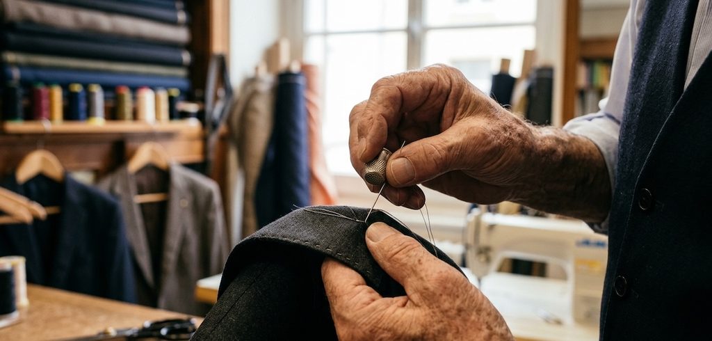 a master tailor's hands meticulously pulling the final, intricate silk thread through a bespoke suit lapel a master tailor's hands meticulously pulling the final, intricate silk thread through a bespoke suit lapel