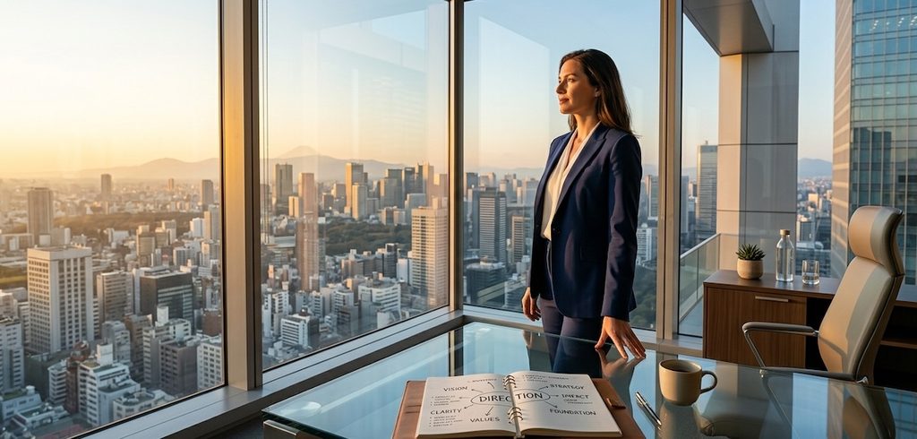 a modern executive standing before a sprawling floor-to-ceiling glass window overlooking a high-rise city skyline at sunrise a modern executive standing before a sprawling floor-to-ceiling glass window overlooking a high-rise city skyline at sunrise