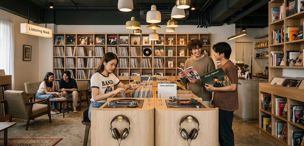 a modern pop-up record and book cafe designed for young consumers