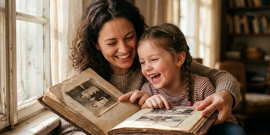 a mother and daughter laughing genuinely while looking at an old photo album