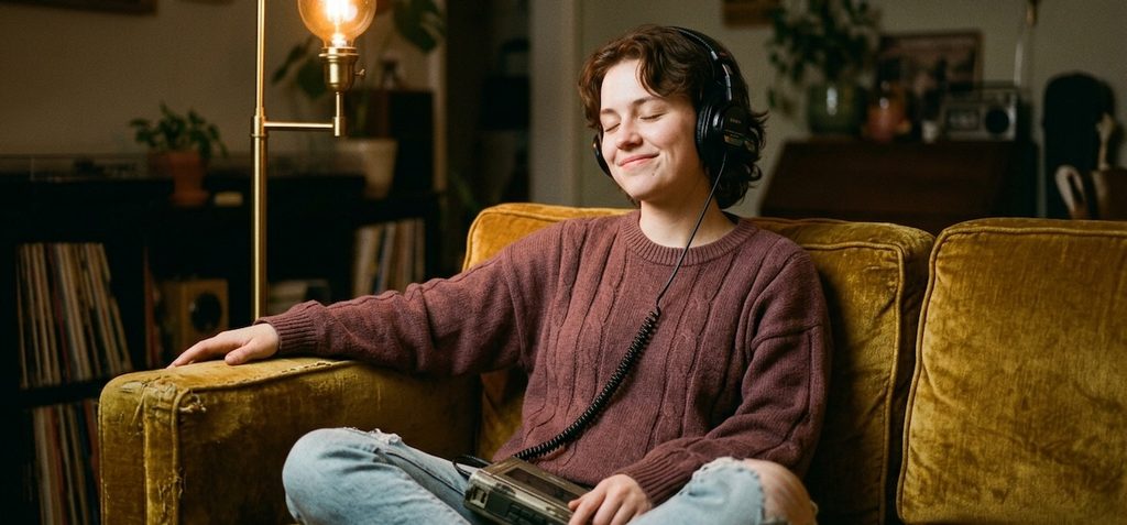 a person sitting on a vintage sofa, eyes closed in contentment, wearing large over-ear headphones a person sitting on a vintage sofa, eyes closed in contentment, wearing large over-ear headphones