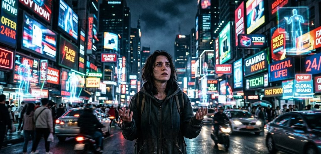 a person standing on a busy metropolis street at night, completely overwhelmed and looking confused a person standing on a busy metropolis street at night, completely overwhelmed and looking confused