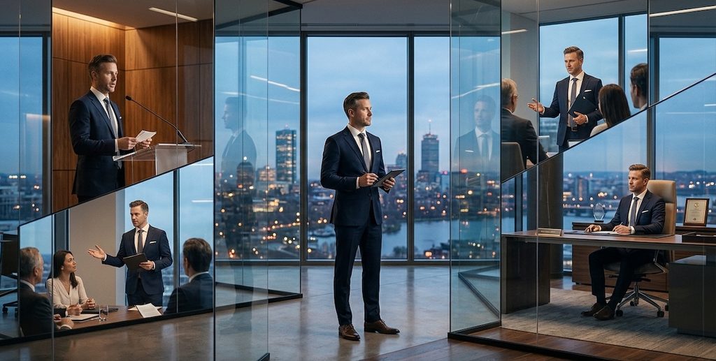 a professional man standing inside a modern glass office at dusk, reflected multiple times in geometric glass partitions a professional man standing inside a modern glass office at dusk, reflected multiple times in geometric glass partitions