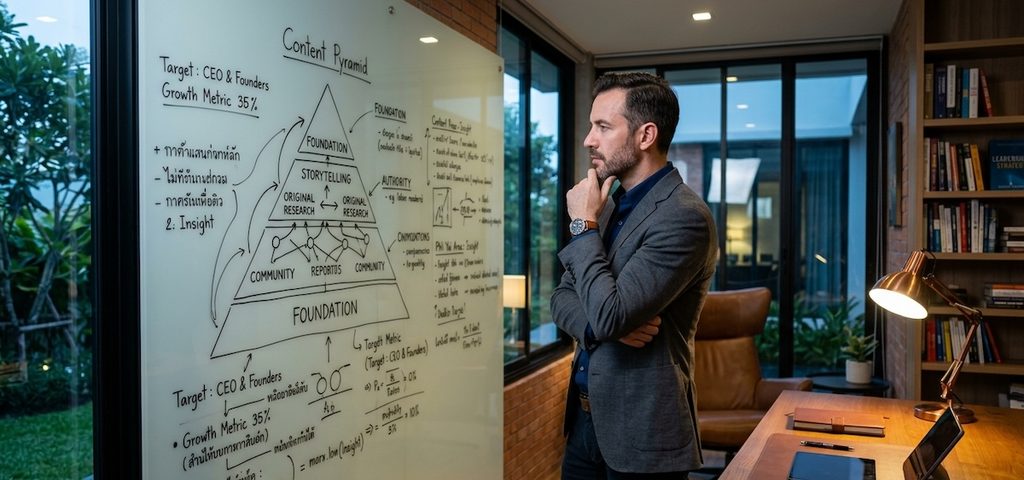 a thoughtful professional standing in front of a massive glass whiteboard filled with architectural diagrams of a content pyramid a thoughtful professional standing in front of a massive glass whiteboard filled with architectural diagrams of a content pyramid