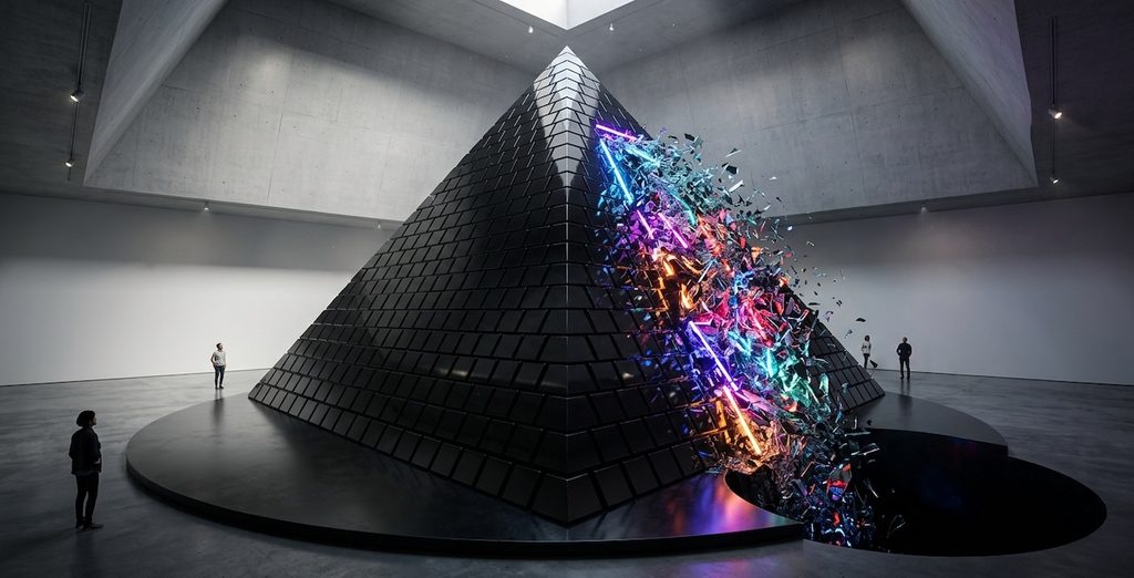 a towering, perfectly formed pyramid made of interlocking, polished obsidian cubes