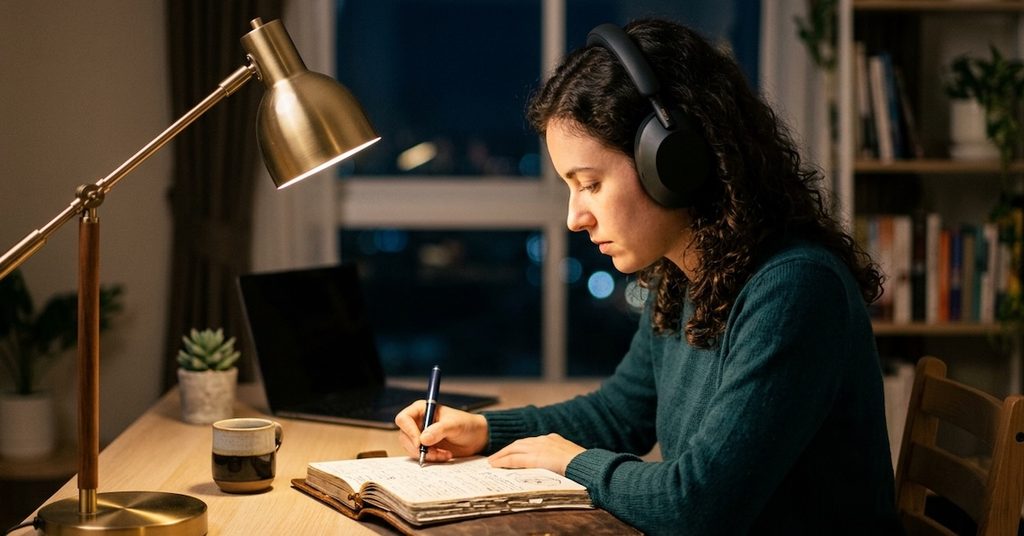 a woman wearing noise-canceling headphones a woman wearing noise-canceling headphones