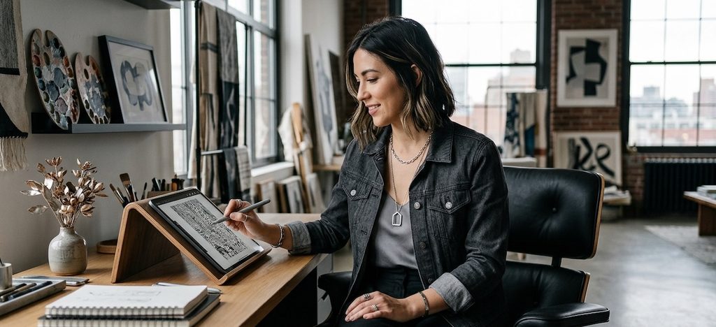 a woman working with a tablet that has a very sleek, recognizable design