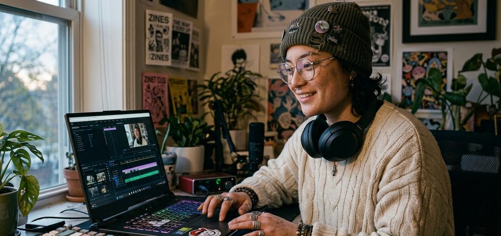 a young Gen Z creator meticulously editing a vlog on their customized high-end gaming laptop within a quiet, plant-filled bedroom studio