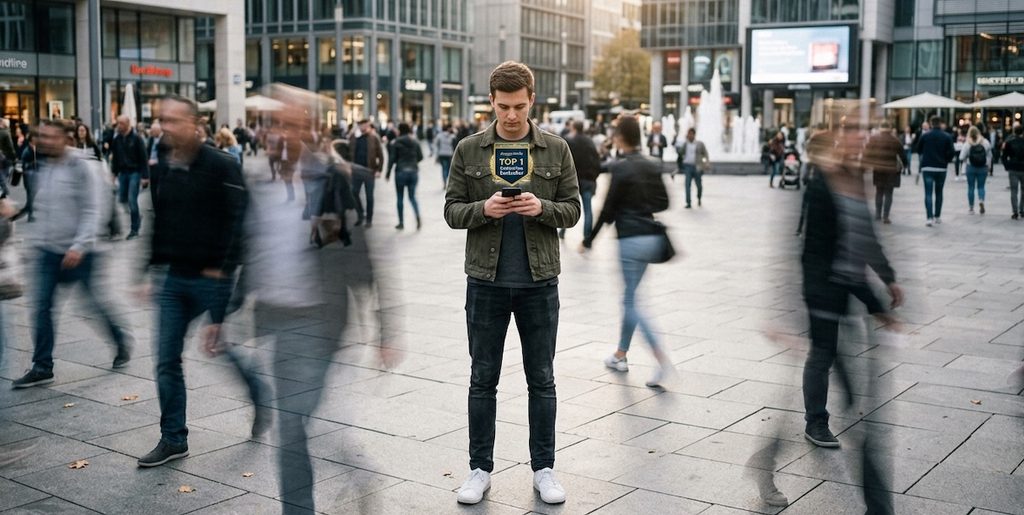 a young adult standing in the center of a busy city plaza, looking down at a glowing smartphone a young adult standing in the center of a busy city plaza, looking down at a glowing smartphone