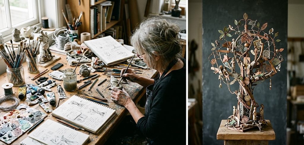 an artist's desk with scattered tools, paints, and raw materials