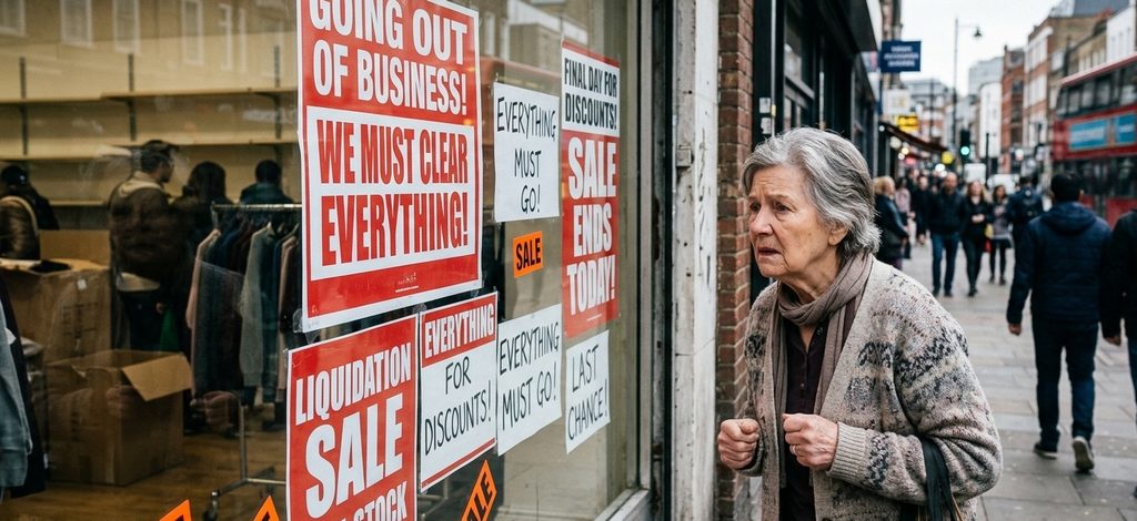 an elderly woman staring through a store window that features aggressive GOING OUT OF BUSINESS and FINAL DAY FOR DISCOUNTS posters