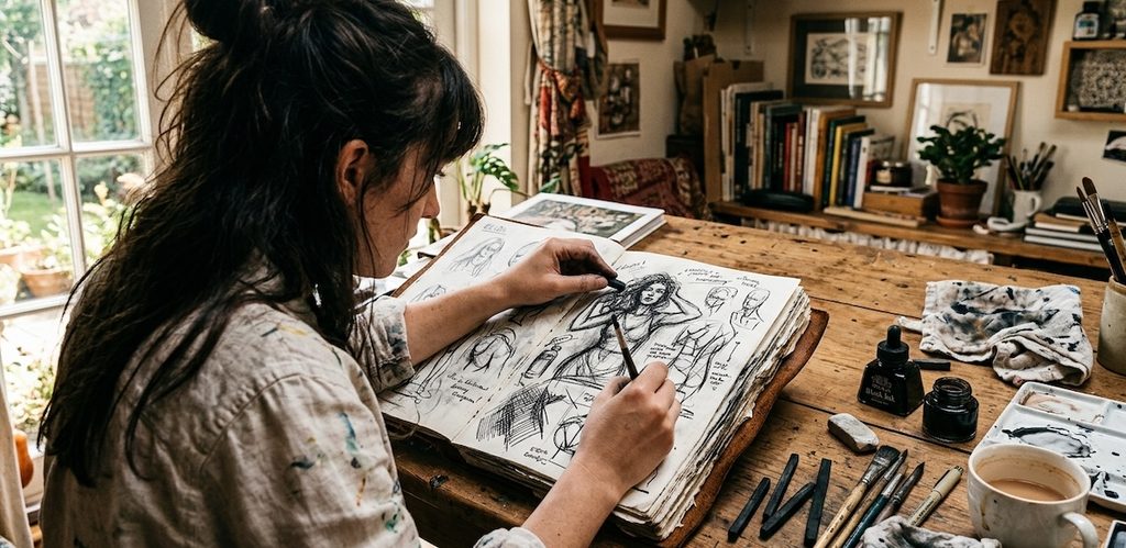 an illustrator working with traditional charcoal and ink in a worn sketchbook an illustrator working with traditional charcoal and ink in a worn sketchbook