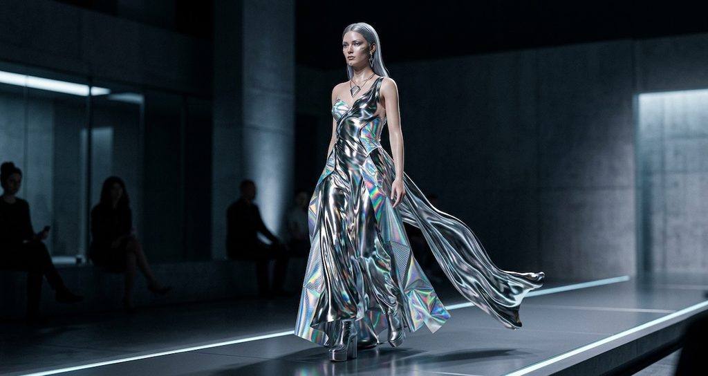 fashion AI model walking on a minimalist high-fashion runway