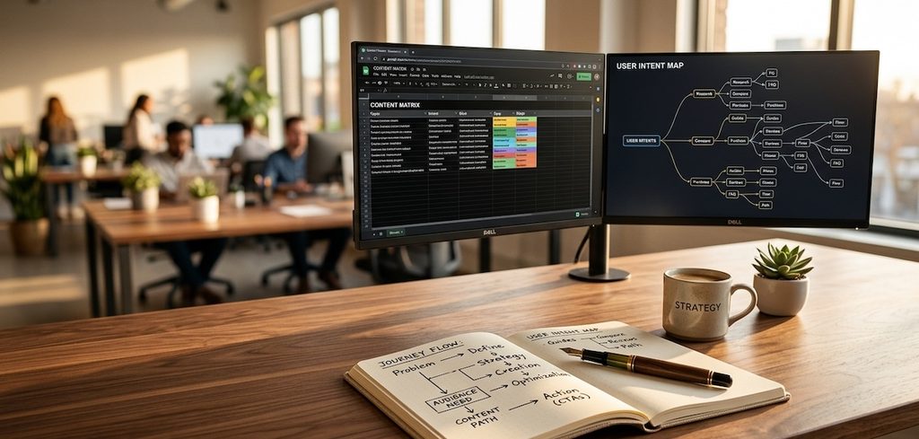 a clean, minimalist workstation in a modern office during golden hour
