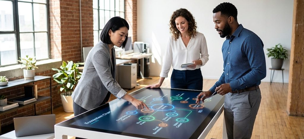 a diverse team of three marketing professionals collaborating around a large interactive touch-table in a minimalist loft office