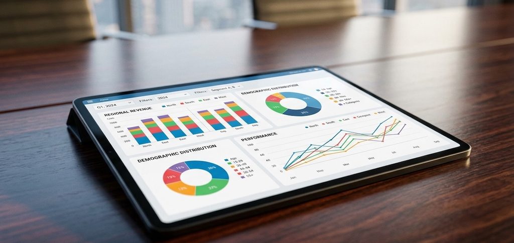 a high-tech sleek tablet screen on a wooden desk displaying organized colorful data visualisation graphs a high-tech sleek tablet screen on a wooden desk displaying organized colorful data visualisation graphs