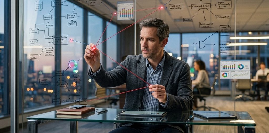 a man sitting at a modern glass desk, focused on connecting red visual strings and digital nodes a man sitting at a modern glass desk, focused on connecting red visual strings and digital nodes
