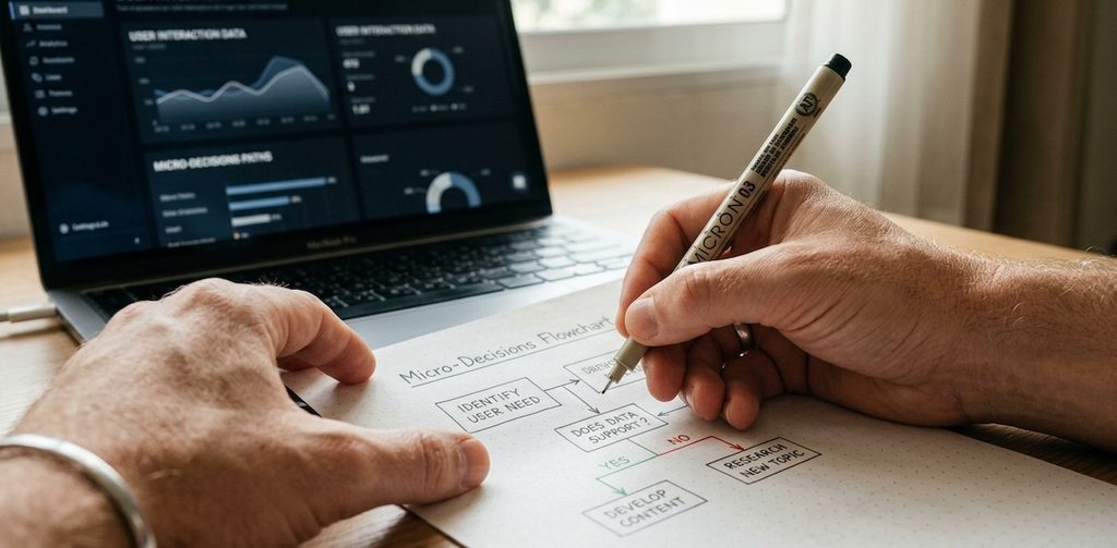 a pair of hands drawing a Micro-Decisions Flowchart on dot-grid paper using a fine-liner pen