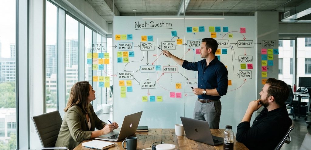 a team planning next question content in conference room
