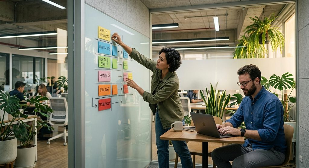 two content team members working in a modern glass-walled huddle room